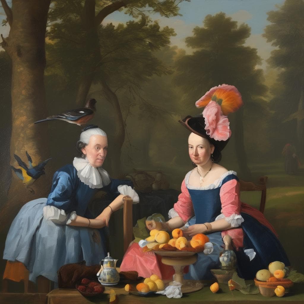 Ζευγάρι γυναικών σε ρομαντική τοπική σκηνή, διακοσμημένη με φρούτα και πορτρέτα σε φυσικό περιβάλλον, σε ελαιογραφία κλασικής εποχής.